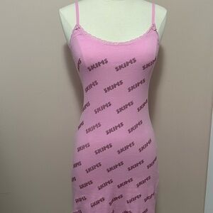 NWT SKIMS Rhinestone logo pointelle mini slip dress bubblegum pink, size large/L